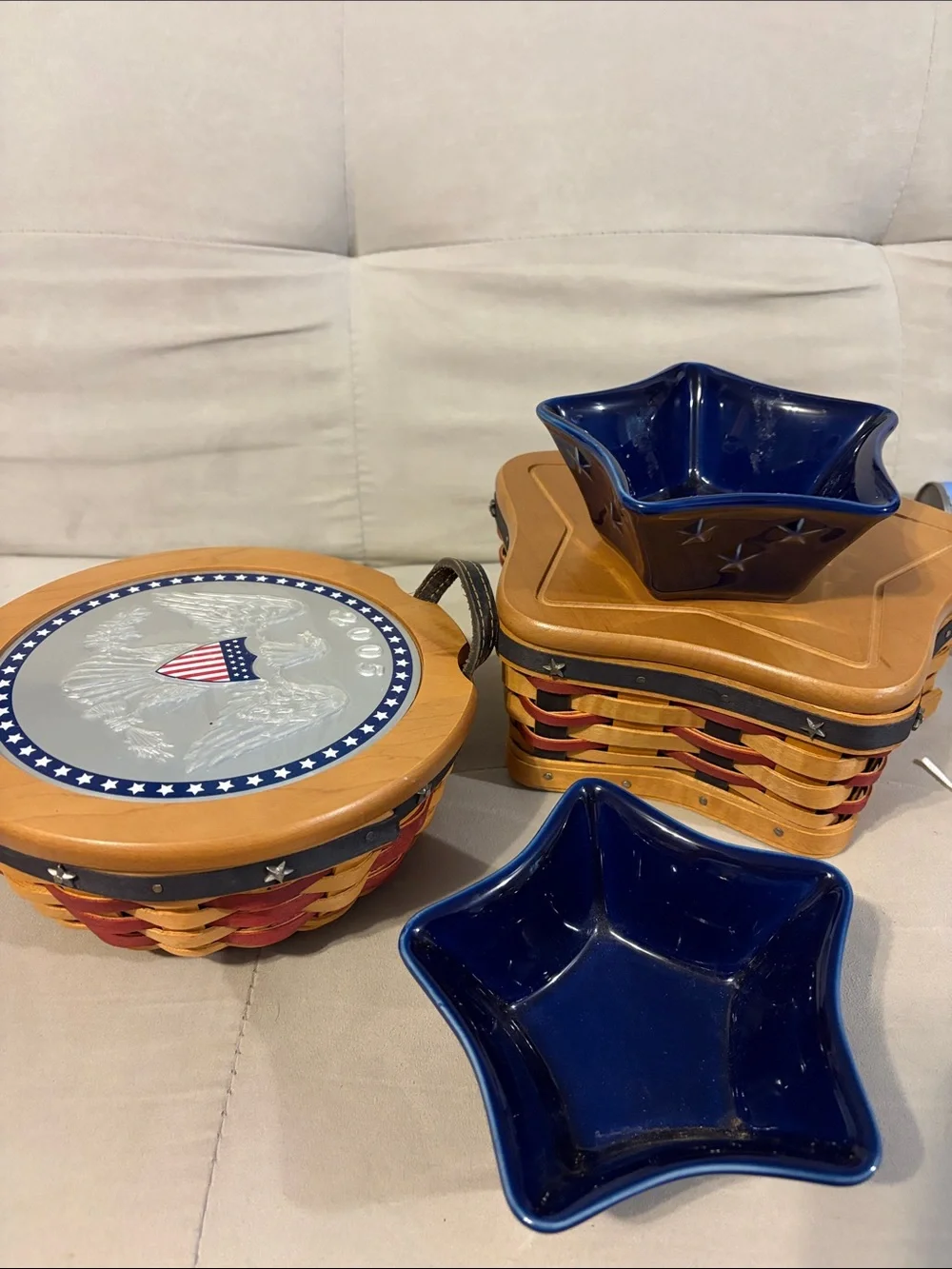 Longaberger Americana baskets set of 2 plus, pottery Stars set